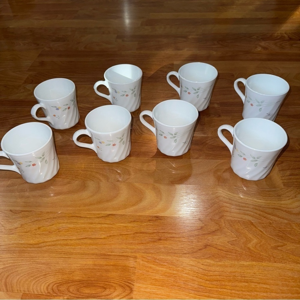 Vtg Corelle Corning English Meadow Set Of 8 Floral Swirl Coffee Mugs/Cups USA